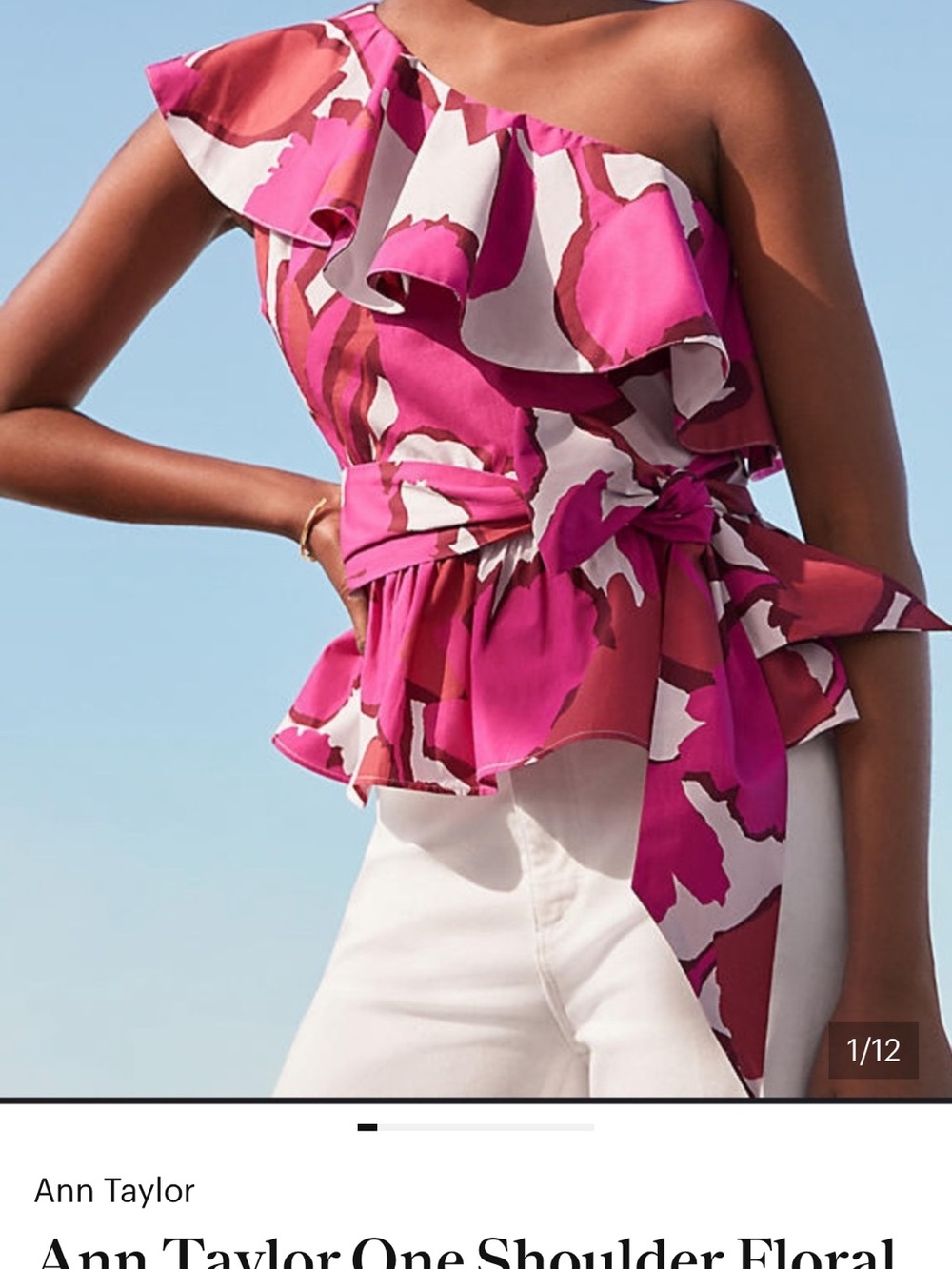 Ann Taylor One-Shoulder Floral Ruffle Peplum Top in Fuchsia and White